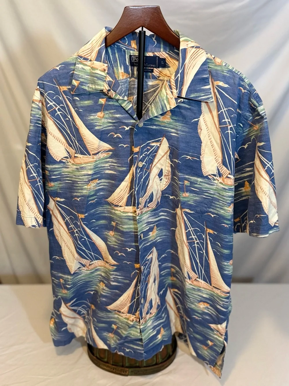 Polo Ralph Lauren Vintage Camp Shirt Men’s Lg Blue Nautical Short Sleeve (HH26)